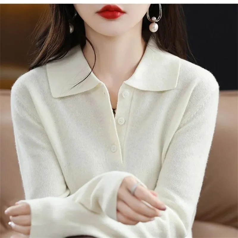 Women Sweater 2023 New Spring Autumn POLO Collar Sweater Knitted Pullover Long-Sleeved Non-Cashmere Jumpers Bottoming Shirt