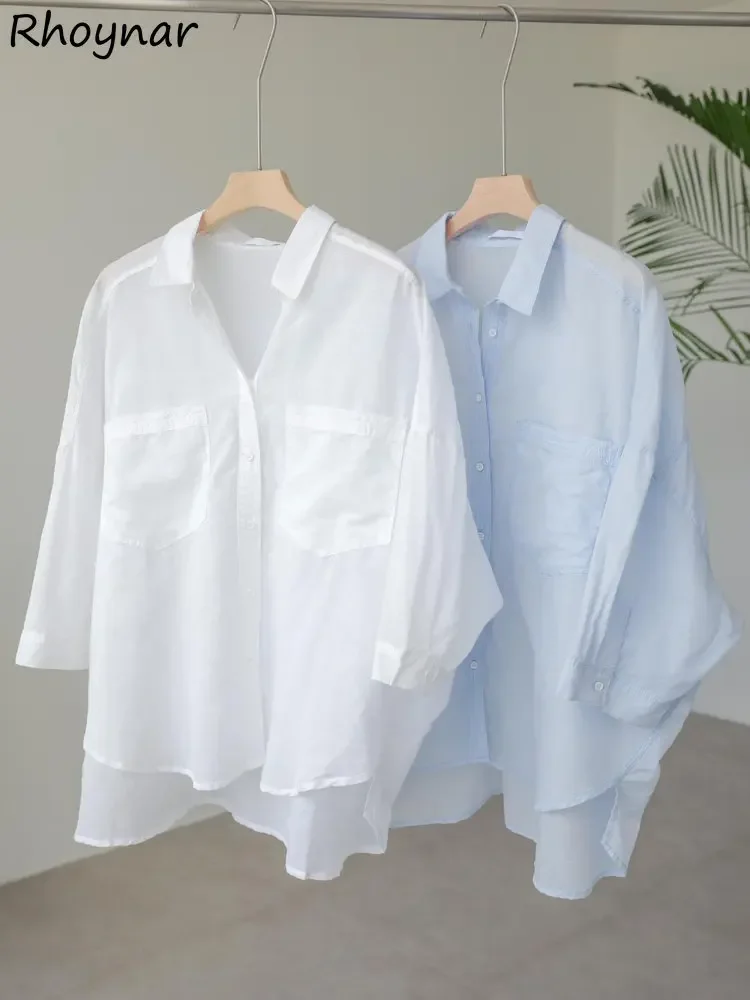 

Loose Shirts Women Sunscreen Summer Breathable S-3XL Korean Style Office Lady Gentle Long Sleeve Tops Popular All-match Pockets