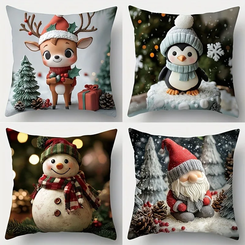 

Home Decor Christmas-Themed Cute Animal & Snowman Pillows Pattern Cushion Cover Suitable For Sofa Bedroom Car Pillow Cover