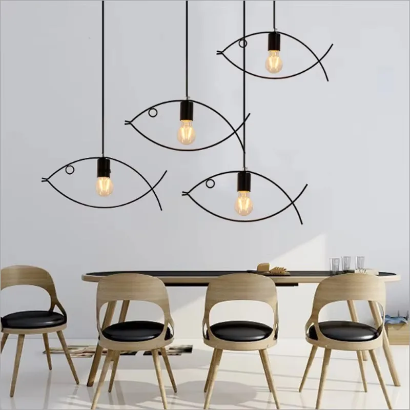 Fish Shape Hanging Lamp Modern Minimalist Geometric Pendant Lights Nordic Style Home Kitchen Lighting Fixtures Vintage Iron Lamp