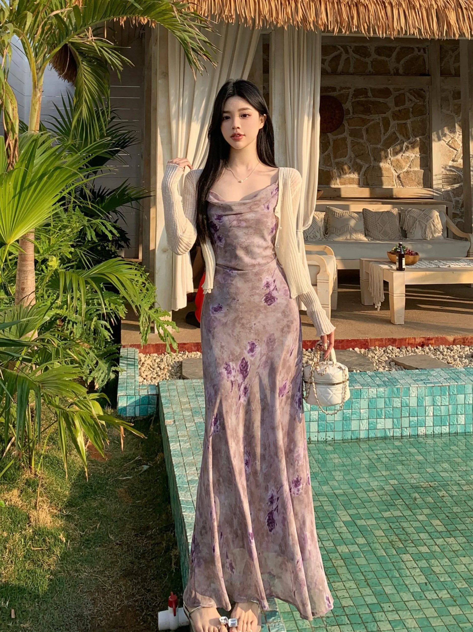 

Новое летнее платье больших размеров для женщин: фиолетовое с цветочным принтом, приталенное, А-силуэт, длинное, в корейском стиле, для повседневной носки