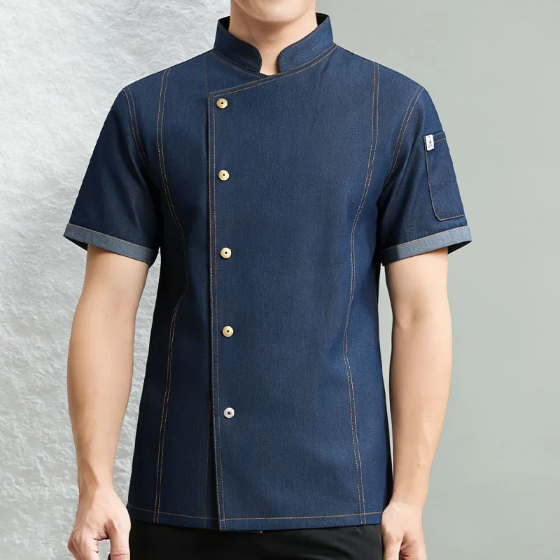 Spring Summer Chef Uniform Short Sleeve Denim Jackets Restaurant Kitchen Cooking Hotel Cake Coffee Shop Waiter Work Shirts