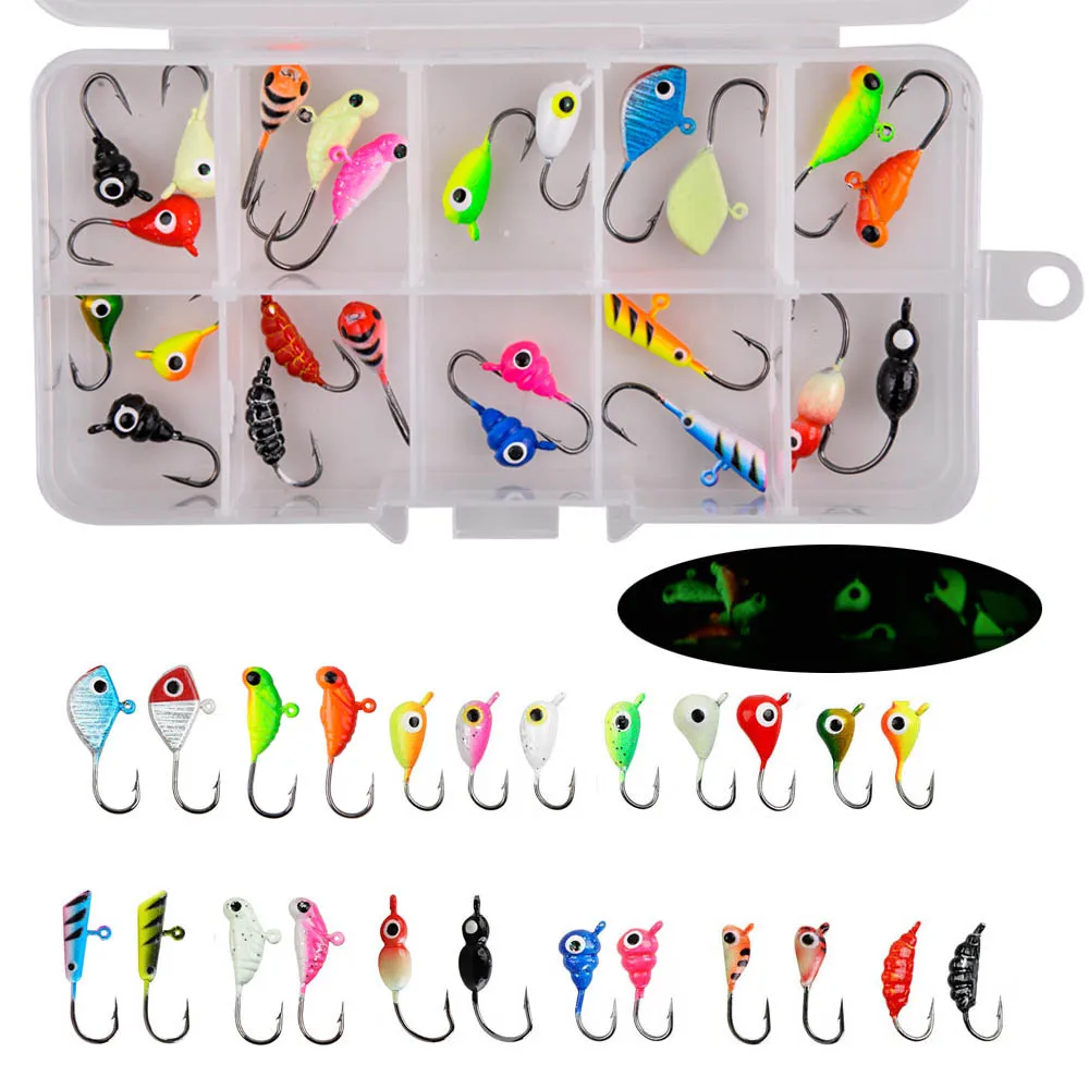 

24Pcs ice fishing gear Kit Luminous ice Fishing jigs bait Jig Heads Ice jig for Crappie Panfish with Ice Fishing lure Box