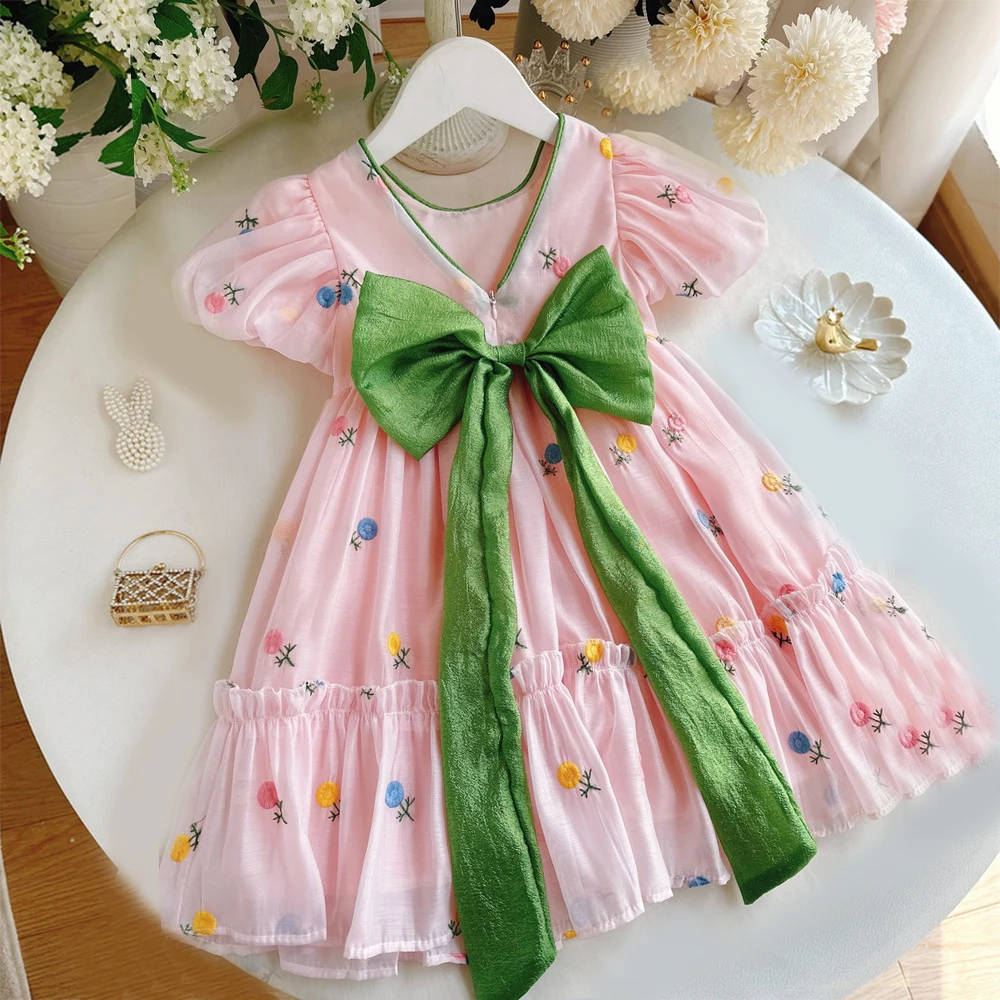 

Summer Flower Embroidered Dress for Baby Girl Birthday Dress High Quality Kids Clothes Send Big Bow Casual Candy Print Vestidos