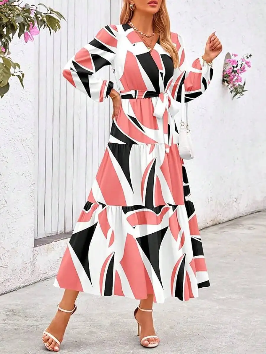

Womens Spring Long Sleeve Wrap Ruffle Maxi Dress Casual Tie Waist Boho Chiffon Flowy Dress