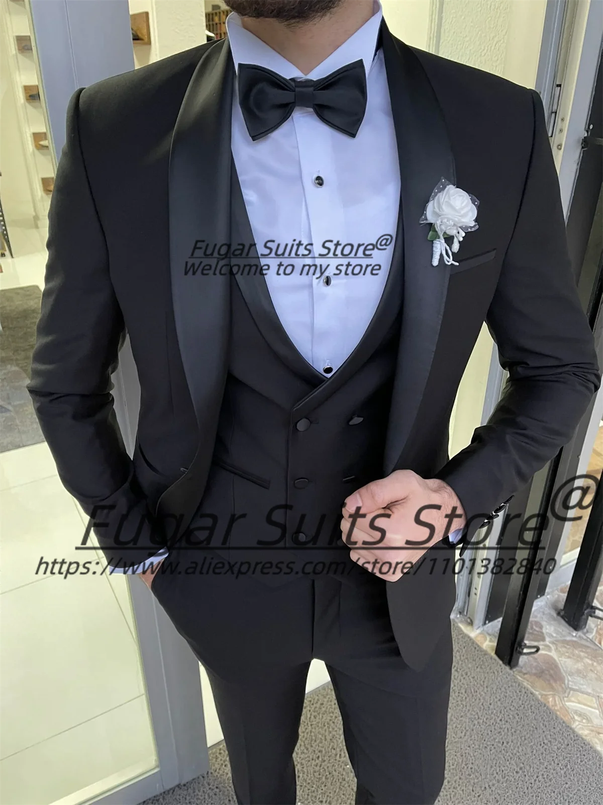 

Luxuly Black Formal Men Suits Slim Fit Shawl Lapel Groom Wedding Tuxedos Party 3Pieces Sets Handsome Male Blazers Costume Homme