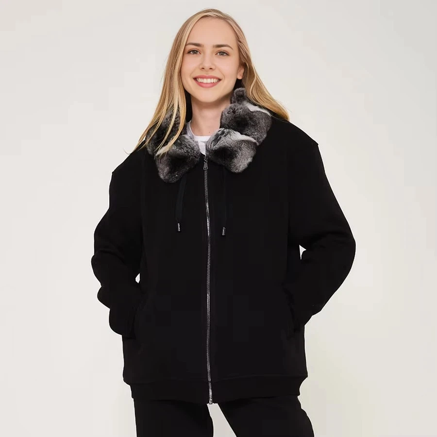 2022 Phụ Nữ Áo Khoác Hoodie Thật Thỏ Chinchilla Cổ Lông Nữ Của Áo Dạo Phố Khóa Kéo Lên Cao Cấp Hoody Dây Kéo Chính Hãng
