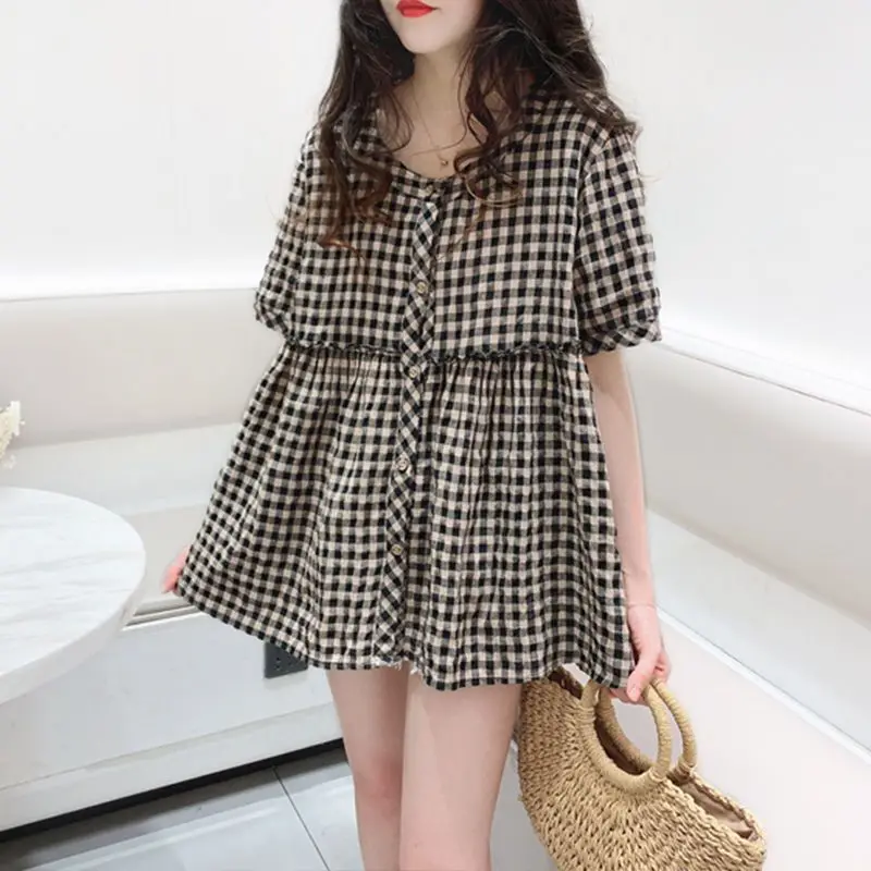 Sweet Plaid Loose Shirt Tops Summer New Short Sleeve Button Thin All-match Youth Fashion Blouse Vintage Casual Women Clothing