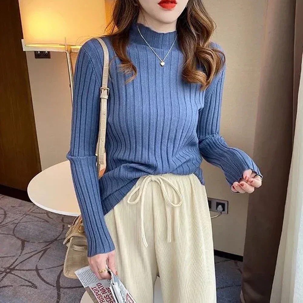 

Classic Solid Sweater T Shirt Women With Long Sleeves High Collar Premium Quality Casual Outfits Daily Wear Get Noticed Tees Top