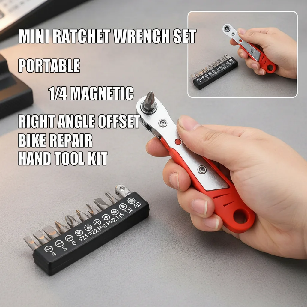 Mini Ratchet Wrench Set Portable 1/4 Magnetic Screwdriver Bit Set Right Angle Offset Wrench Bike Repair Hand Tool Kit