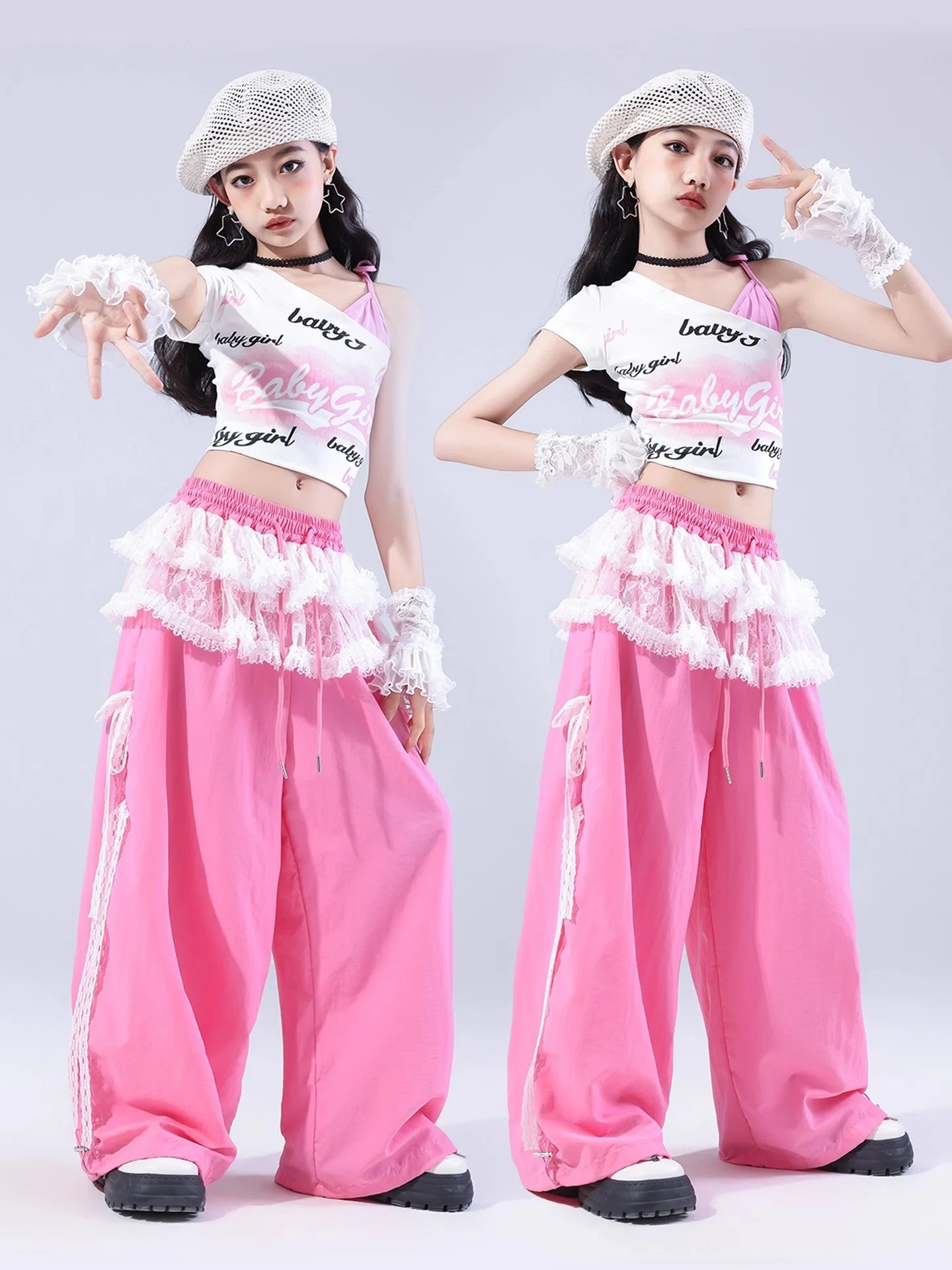 Kpop enfants Hip Hop vêtements filles Jazz vêtements nombril hauts rose pantalon été moderne danse Performance Costume scène porter BL16817