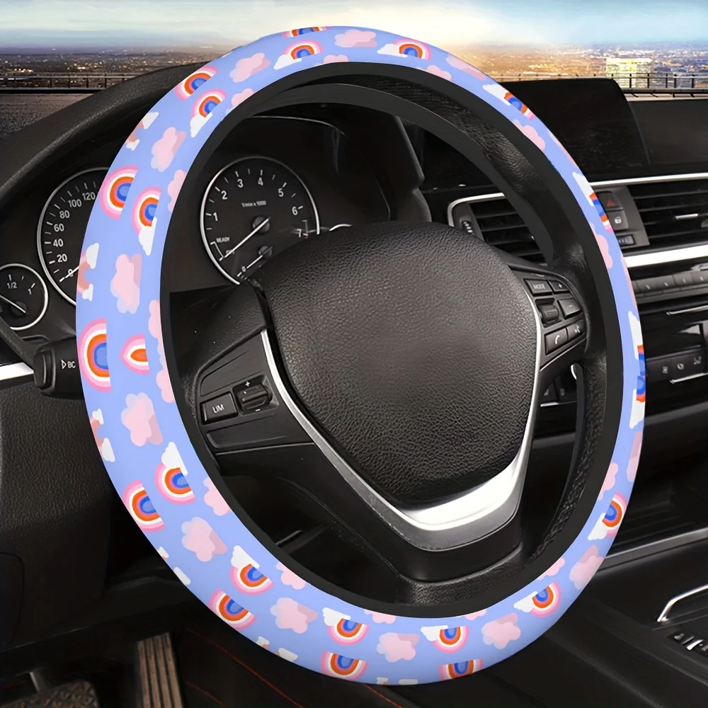 1pc Rainbow Clouds Steering Wheel Cover - Pastel Pink/Blue/Purple with Smiling Face Clouds & Rainbow Stripes