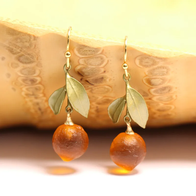 Small Fresh Orange Jewelry Natural Lemon Green Leaf Temperament Earrings Fashionable And Elegant Plant Jewelry Women