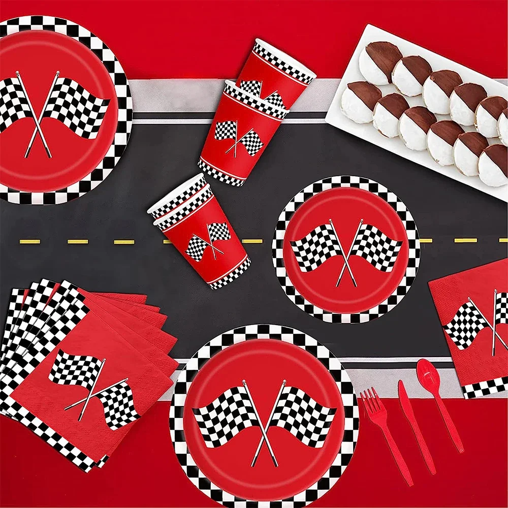 Rote Rennwagen-Themenparty: Pappteller, Banner, Becher, Servietten, Tischdecke, Folienballons, Rennwagen-Geburtstagsdekorationszubehör für Jungen – Detail 4