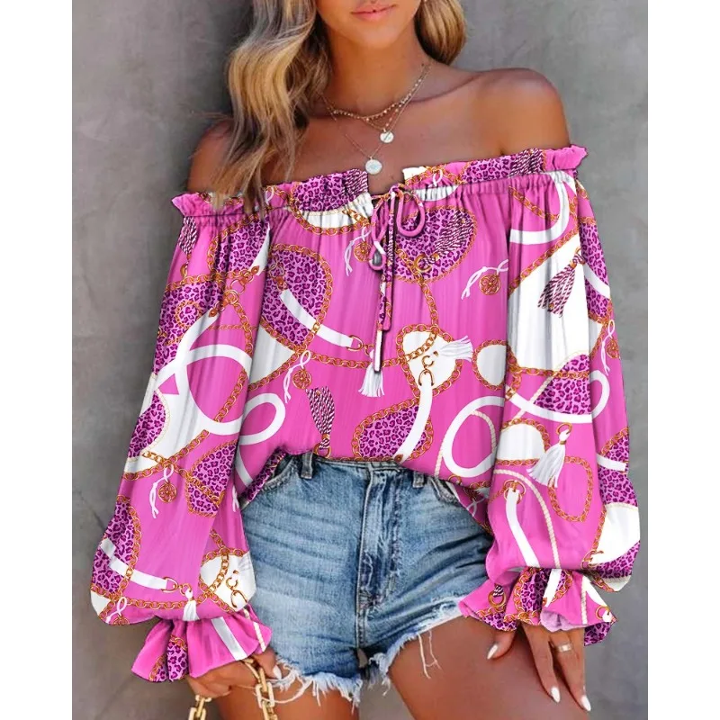 Women Off Shoulder Shirt Blouse Summer Floral Print Casual Long Sleeve Tops T-Shirt V Neck Retro Ethnic Style Loose Women Blouse