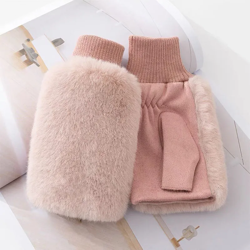 Cute Student Faux Rabbit Fur Suede Leather Half Finger Gloves For Sports Outdoor Driving Touch Screen Soft Women Winter Warm