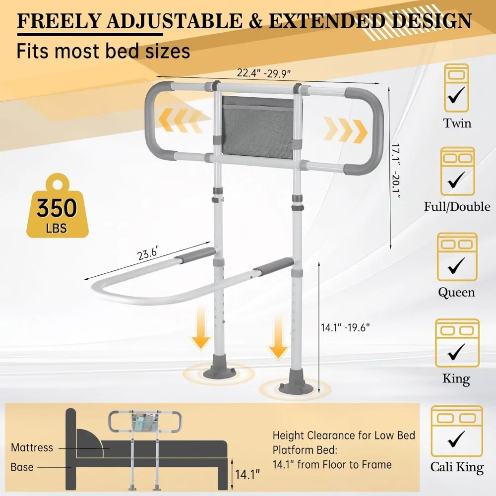 Adjustable Bed Safety Rail for Elderly Adults - Sturdy Support with Extended Handle, Fits King Queen Full Twin Beds