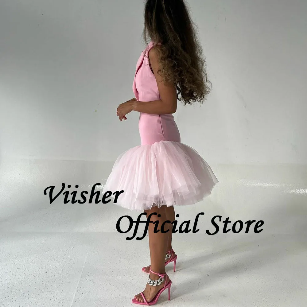 Viisher Pink Short Mermaid Evening Dresses Sleeveless V Neck Satin Tulle Arabic Prom Party Dress Tea Length Outfits