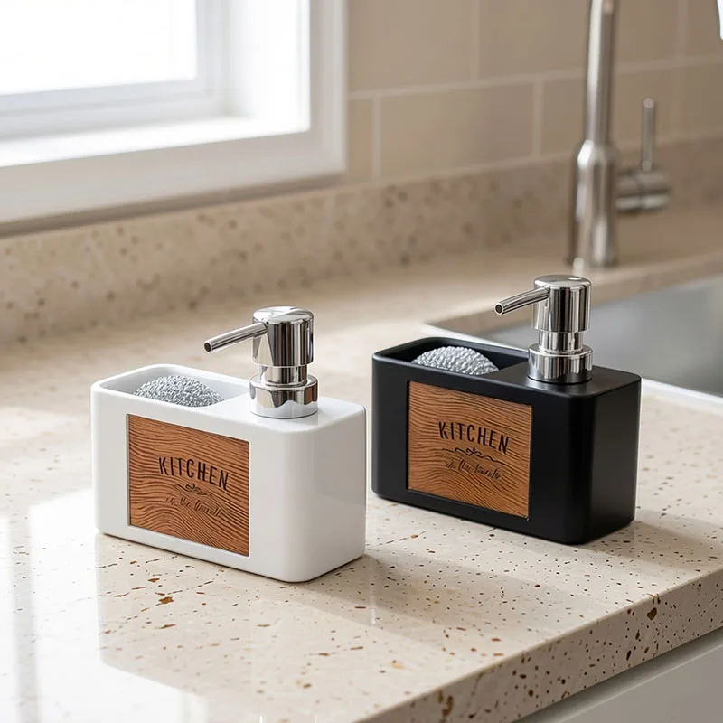 Bathroom Press Type Kitchen Soap Dispenser with Sponge Holder Wood Grain Manual Soap Pump Refillable Bathroom Hand Wash Bottle