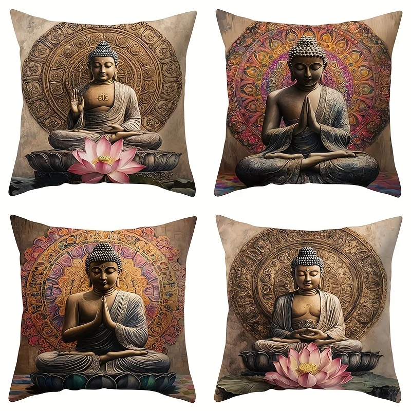 4Pcs Sacred Symbol Pillow Covers - Boho Buddha & Lotus Mandala Printed Cushion Covers for Spiritual Home Decor