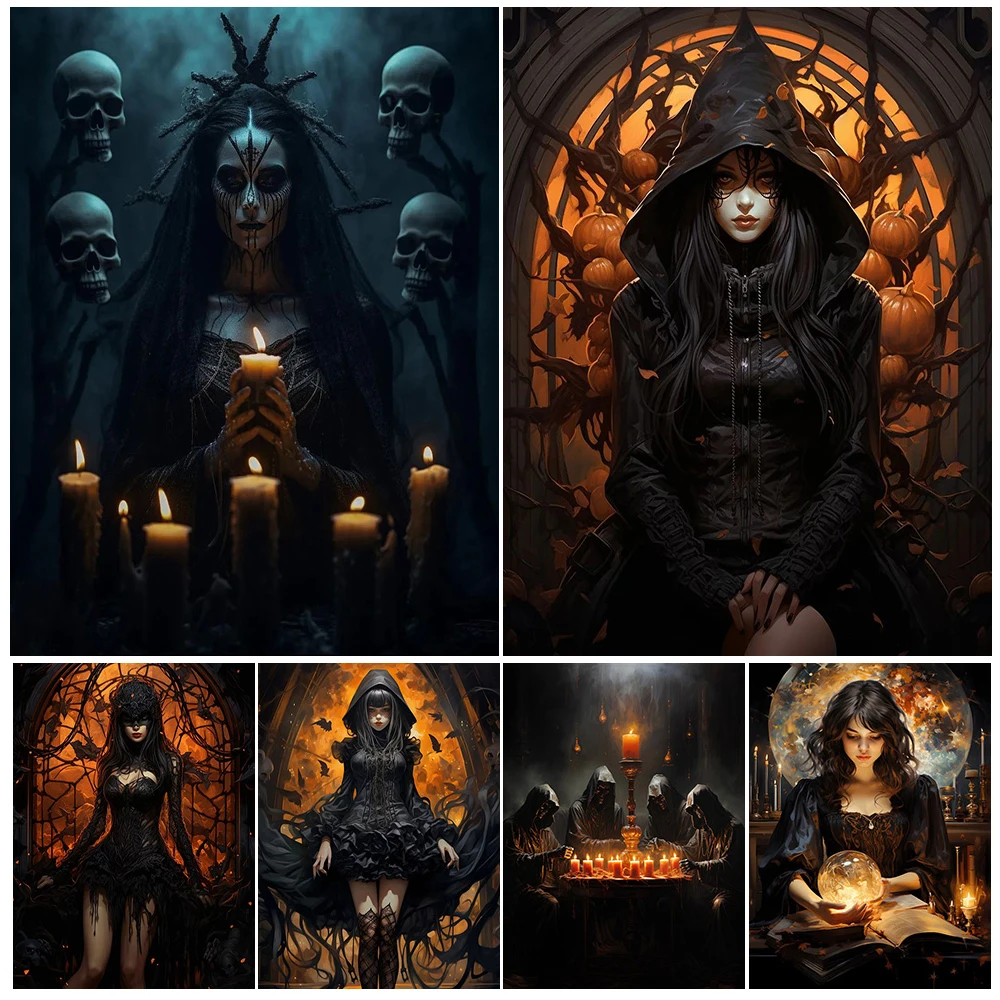 

Night Witch Lillith With Roses Gothic Wall Art Canvas Print Witch Portrait Dark Aesthetics Art Poster Print Home Decor Unframed