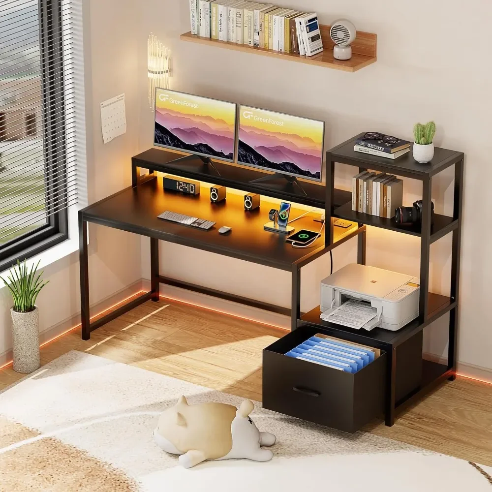 

Computer Desk, with Drawer and Printer Shelf, 59 Inch Gaming Desk, with LED Lights and Power Outlets, with Monitor Stand