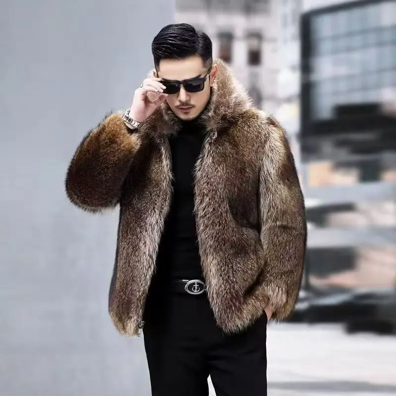 

Men Autumn Winter Raccoon Fur Light Luxury Hooded Fur Coat Fashion Thickened Warm Business Casual Coat Comfortable Warm Soft