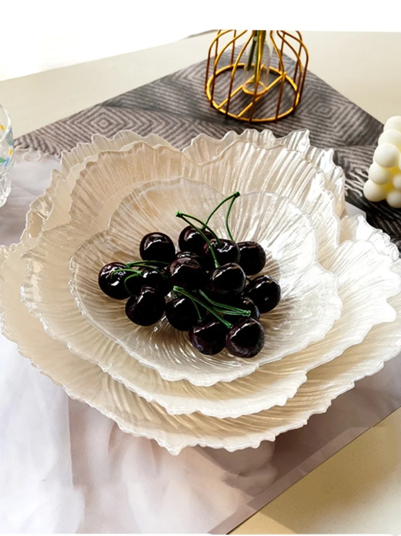 Luxury Flower Glass Plate, Dinner Plate, Pearl Fruit Plate, Snack Holder, Jewelry Storage Tray, Trinket Dish