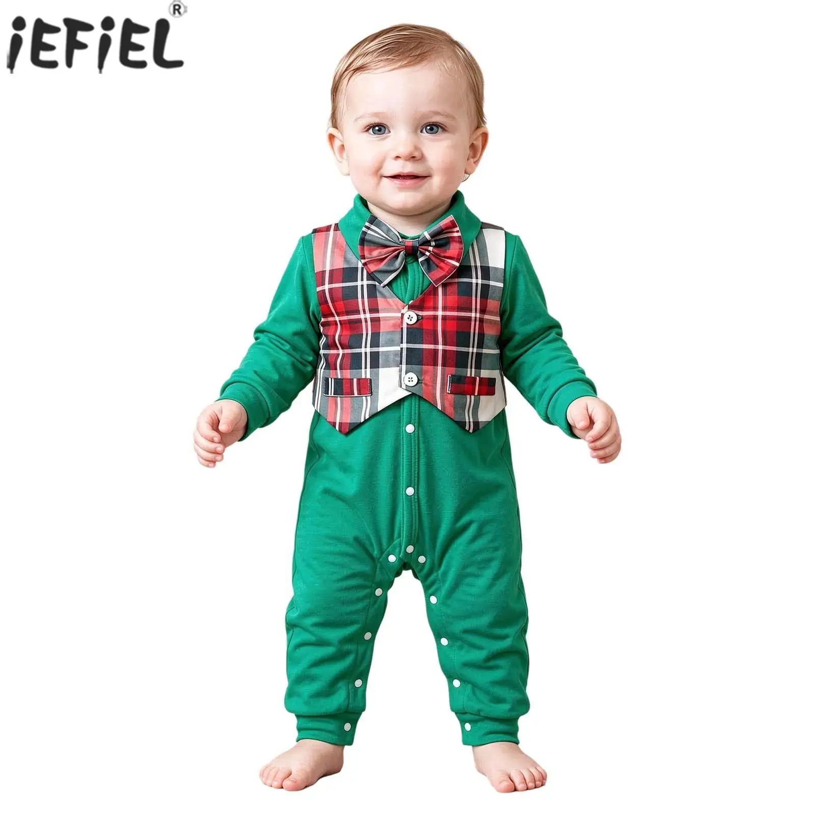 Baby Boys Christmas Plaid Rompers Bowtie Turn-down Collar Long Sleeve Press Button Jumpsuit for Festival Wedding Birthday Party