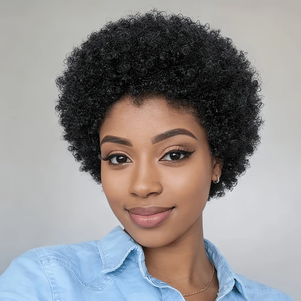 

Парик из натуральных волос Afro Kinky Curly Wave, 150% плотность, 6 дюймов, стрижка пикси, для женщин, полностью машинной работы