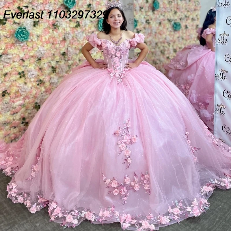 EVLAST abito Quinceanera rosa chiaro abito da ballo fiori 3D Applique perline con corsetto a strati dolce 16 Vestido De 15 Anos TQD496