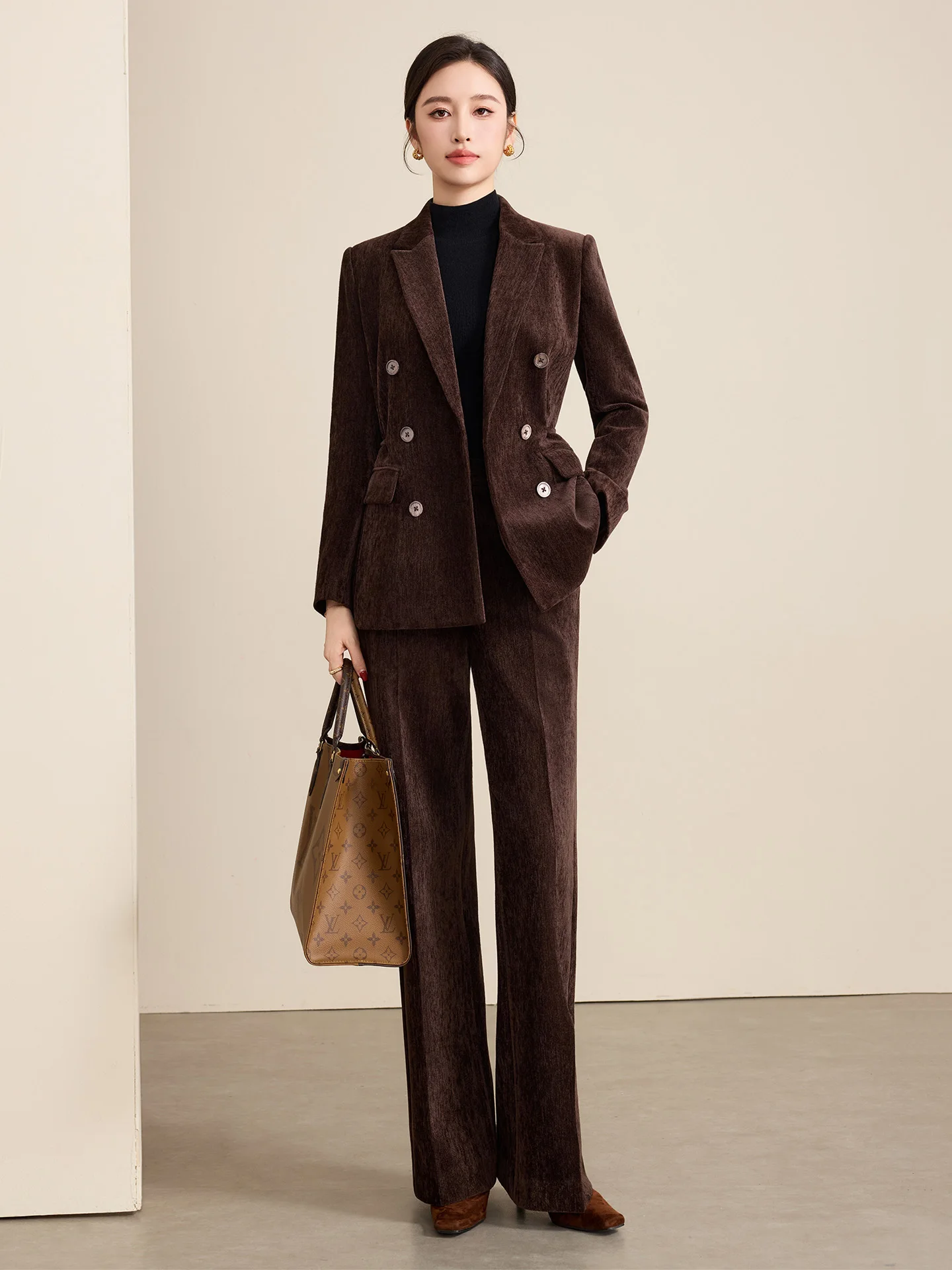 

Костюм из вельвета Cheng Brown: женский комплект из двух предметов с широкими брюками, зимний, новый, на пуговицах, с длинными рукавами, с высокой талией, для офиса