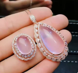 

Natural High Quality Pink Big Rose Quartz Gemstone Fine Jewelry Set 925 Pure Silver Necklace and Ring