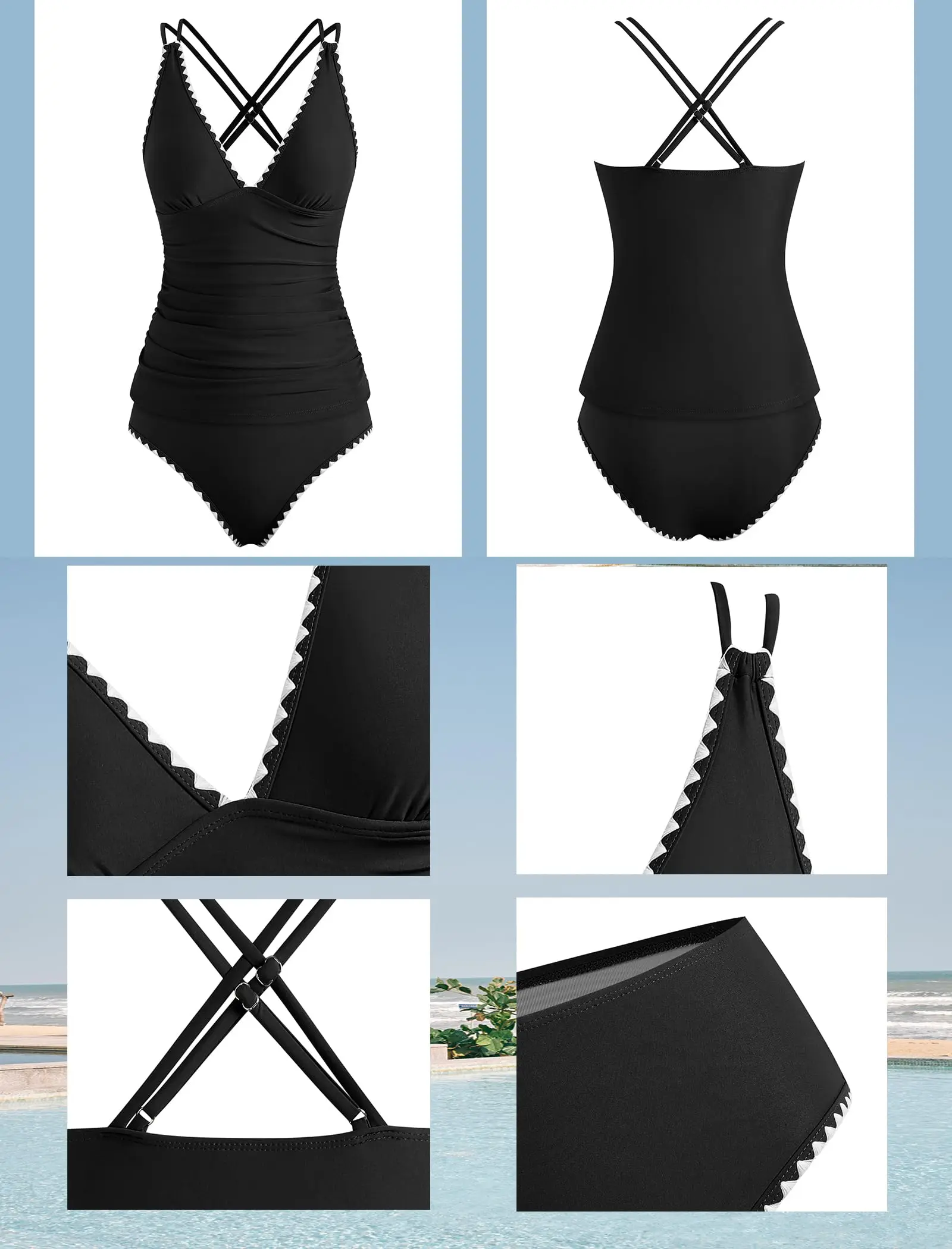 Womens Tankini Swimsuits V Neck Push Up Swim Top Color Block Tummy Control High Waisted Bathing Suits Swim Bottom