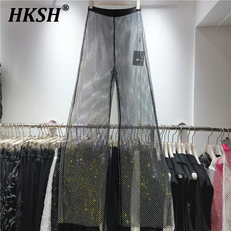 

HKSH Spring Summer New Women Tide Chic Y2K High Street Ins Fashion Casual Sexy Hollow Out Diamond Straight Wide Leg Pants HK5517