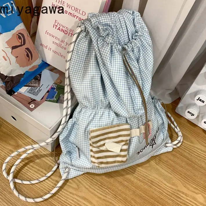 

Miyagawa Women Contrasting Colors Striped Spring Summer Commuting Large Capacity Canvas Student Drawstring Backpacks