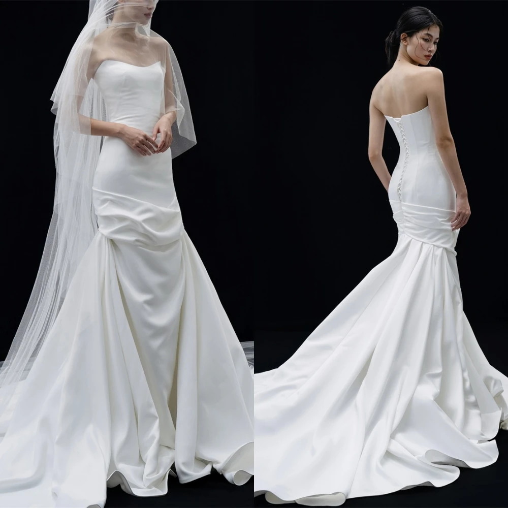 

Customized Luxury White Satin Evening Dress Classic Strapless Sleeveless Wedding Dress Delicate Mermaid Lace Up Back Prom Dress