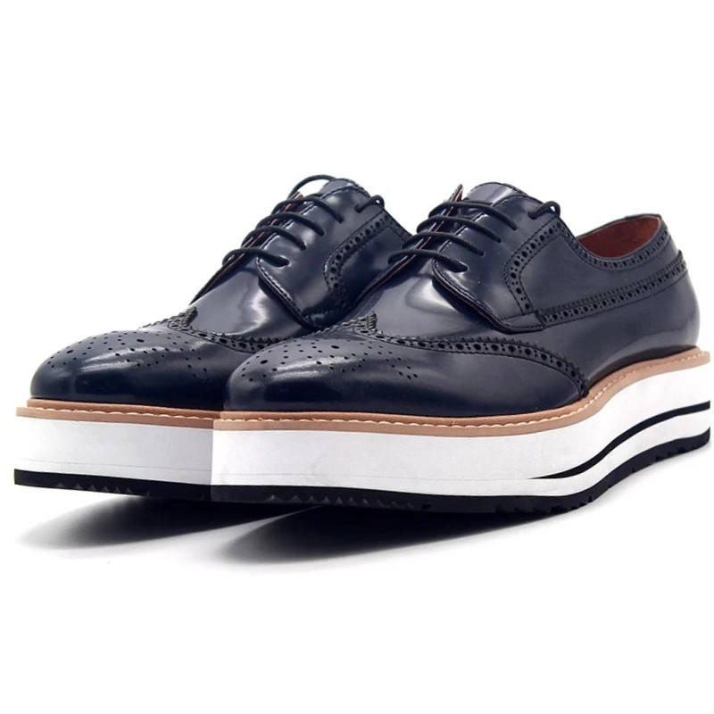 

British Block Carving Derby Shoes for Men's Handmade Wedding Genuine Leather Business Leisure Thick Soled Height Increasing Shoe
