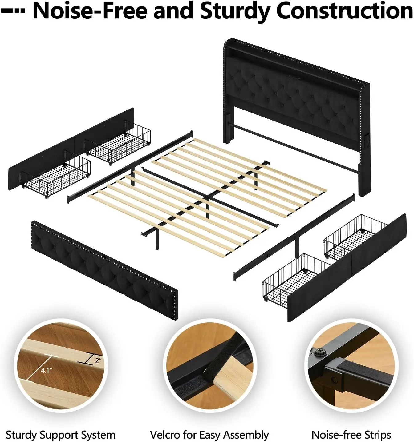 King LED Bett rahmen mit Aufbewahrung kopfteil und USB-Ladestation, samt gepolsterter Plattform bett rahmen mit 4 Schubladen