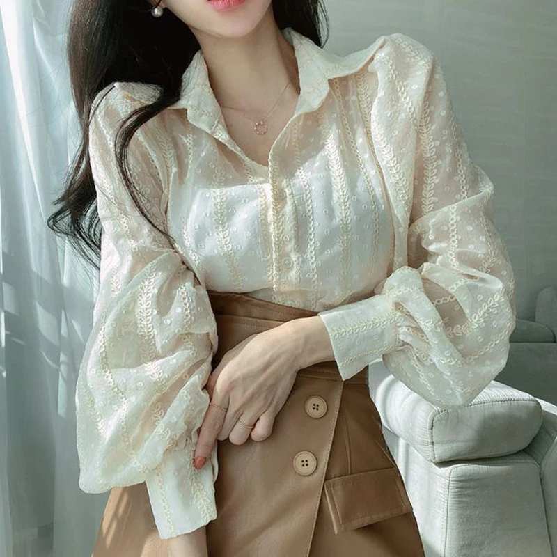 Long Sleeve Turn Down Collar Shirt Elegant Korean Fashion Lace Blouse Loose Autumn Women Long Puff Sleeve Clothes Blusas 28184