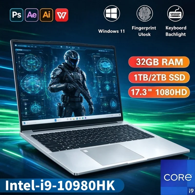 17.3'' Business Notebook PC Intel Core I9-10980HK Win11 32GB RAM 2TB SSD Fingerprint Unlock Gaming Laptop For Home & Office