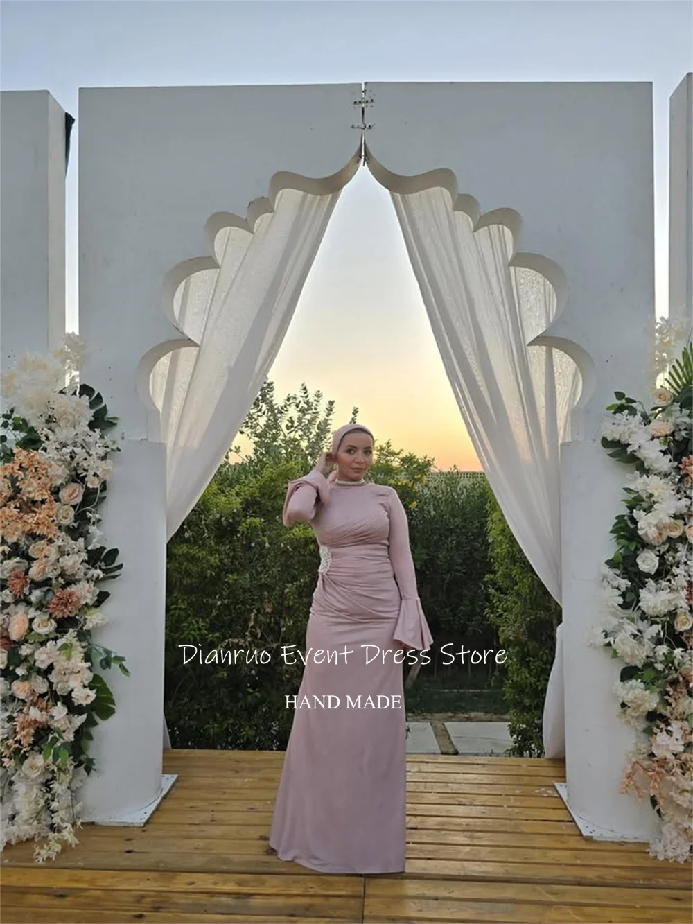 Dianruo فساتين سهرة بأكمام واسعة وردية على شكل حرف A فساتين حفلات أنيقة من الساتان برقبة دائرية فستان حفلات الزفاف العربي السعودي حسب الطلب