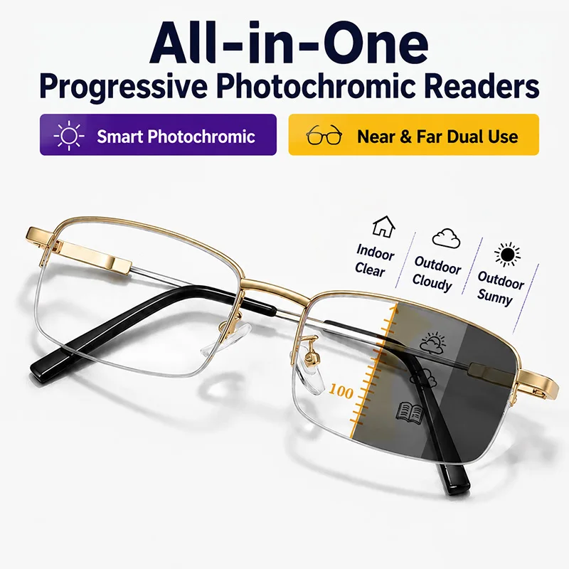 Progressive photochrome Lesebrille für Männer und Frauen, Anti-Blaulicht-Metall-Halbrahmen, Multifokus, Nah- und Fernsichtbrille mit doppeltem Verwendungszweck