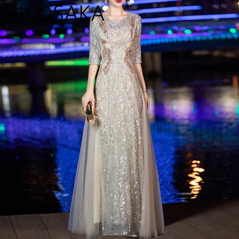 Elegant Sequins Long  Evening Dress A Line O Neck with Appliques Elegant Party Dress for Women Formal Occasion Dress Prom Gown