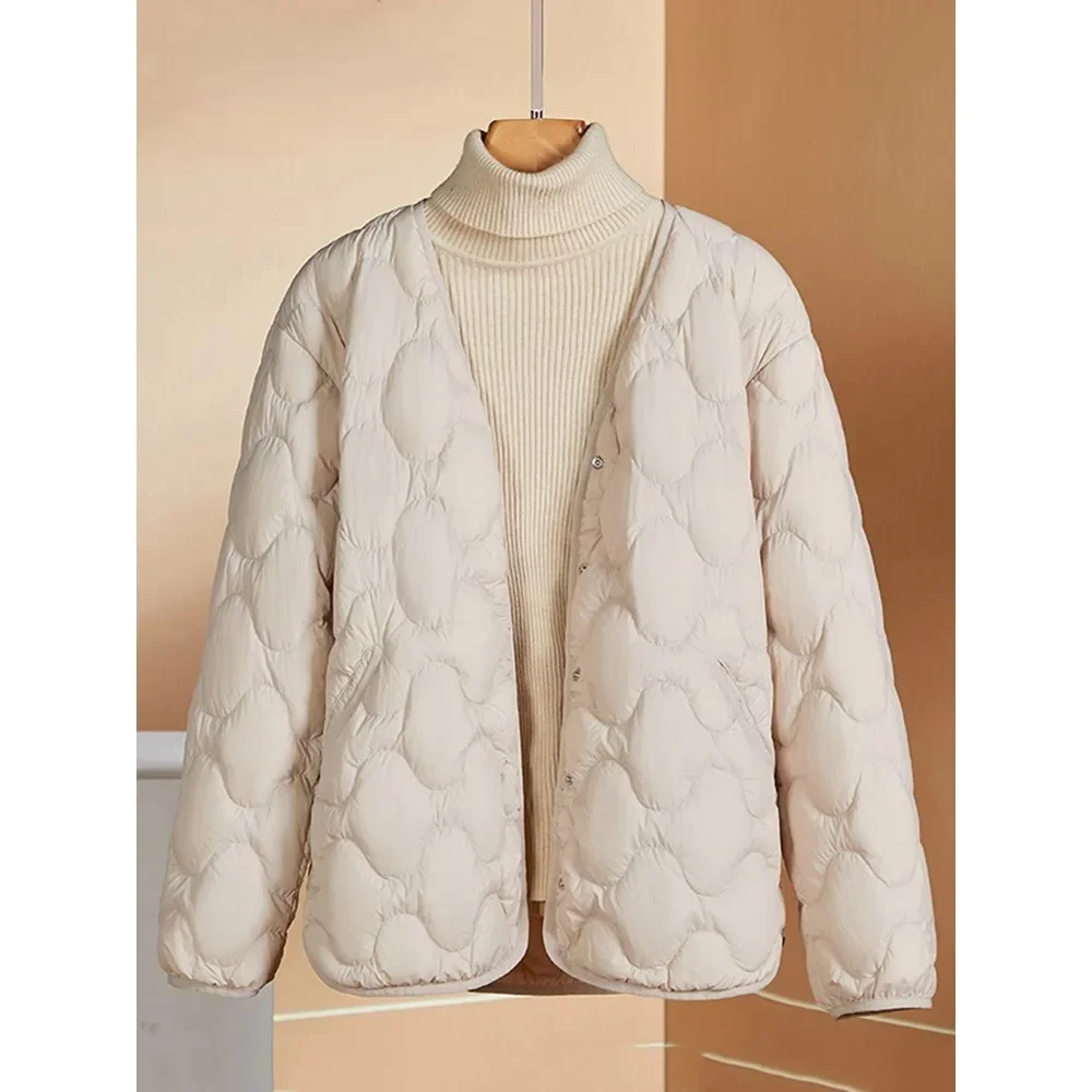 Women Liner Duck Down Jacket V-neck 2024 New Female Winter Warm Collarless Fashion Ultralight Quilted Puffer Coat Office Lady