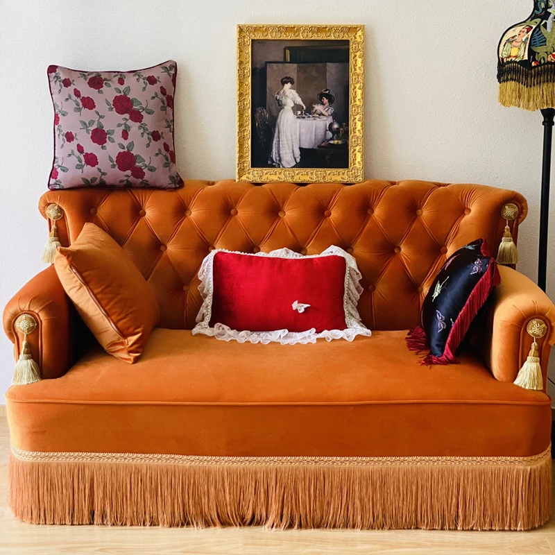 French retro sofa luxury small apartment living room simple velvet fringed fabric Xiaohongshu same doubl