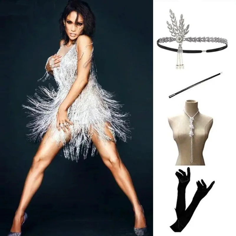 5pc/Set Sexy Deep V BlingTassel Dress with Jewelry set Woman Nightclub Dancer Bar Girl Mini Grass Dress Stage Show Costume