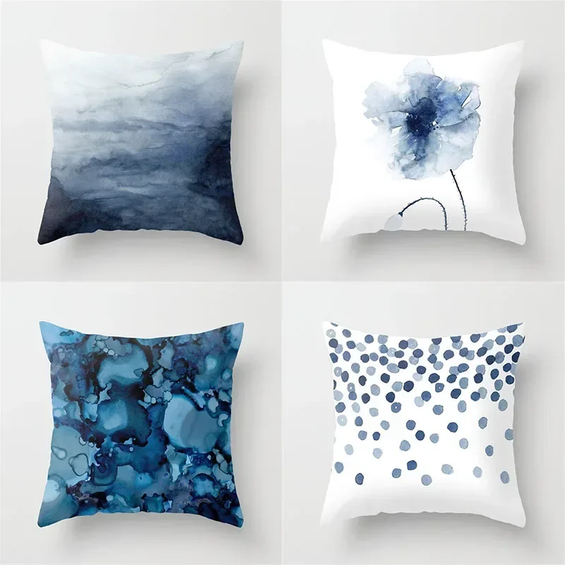 Blue Ink Geometric Cushion Cover Heart Round Sofa Waist Throw Pillowcase Polyester Bedroom Car Home Decoration Pillow Cases