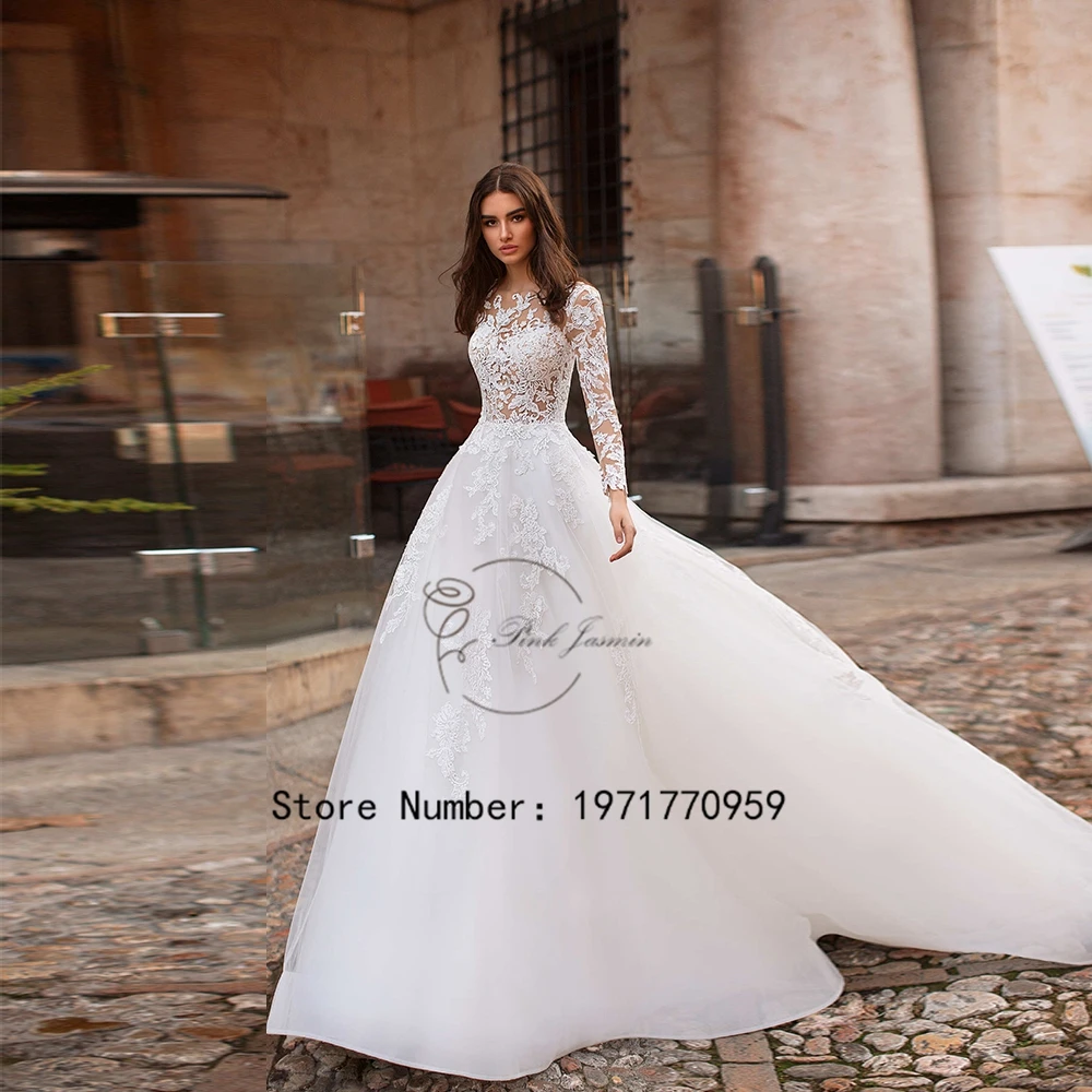 

Gorgeous Wedding Dress Scoop Neck Long Sleeves Exquisite Applique Elegant A Line Fashion Bridal Dress With Sweep Train 2024 New