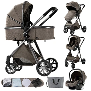 Luxe kinderwagen 3-in-1 met autostoel, vijfpuntsgordel voor pasgeborenen, vierwielige kinderwagen, schokdempende, opvouwbare babyreiswieg voor vliegtuigreizen en lange reizen, kinderwagen met